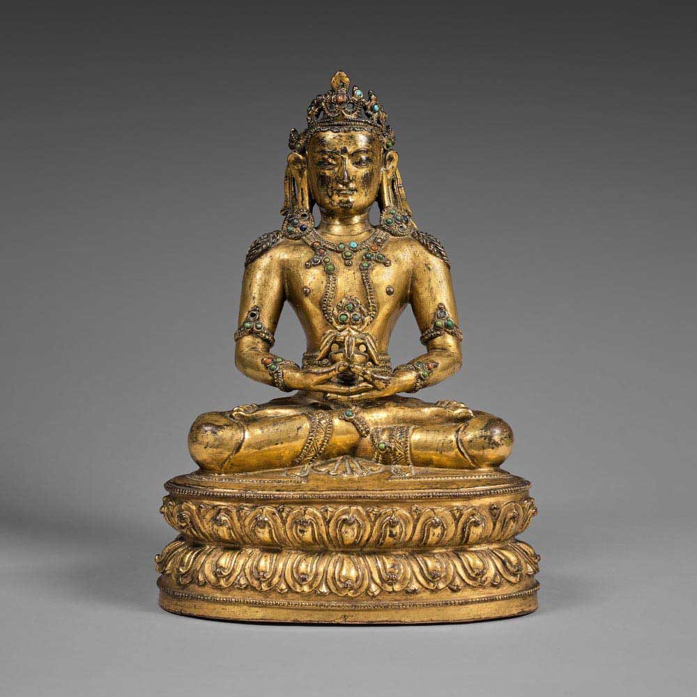 Statuette représentant le bouddha de la longévité Amitayus en bronze doré - 1