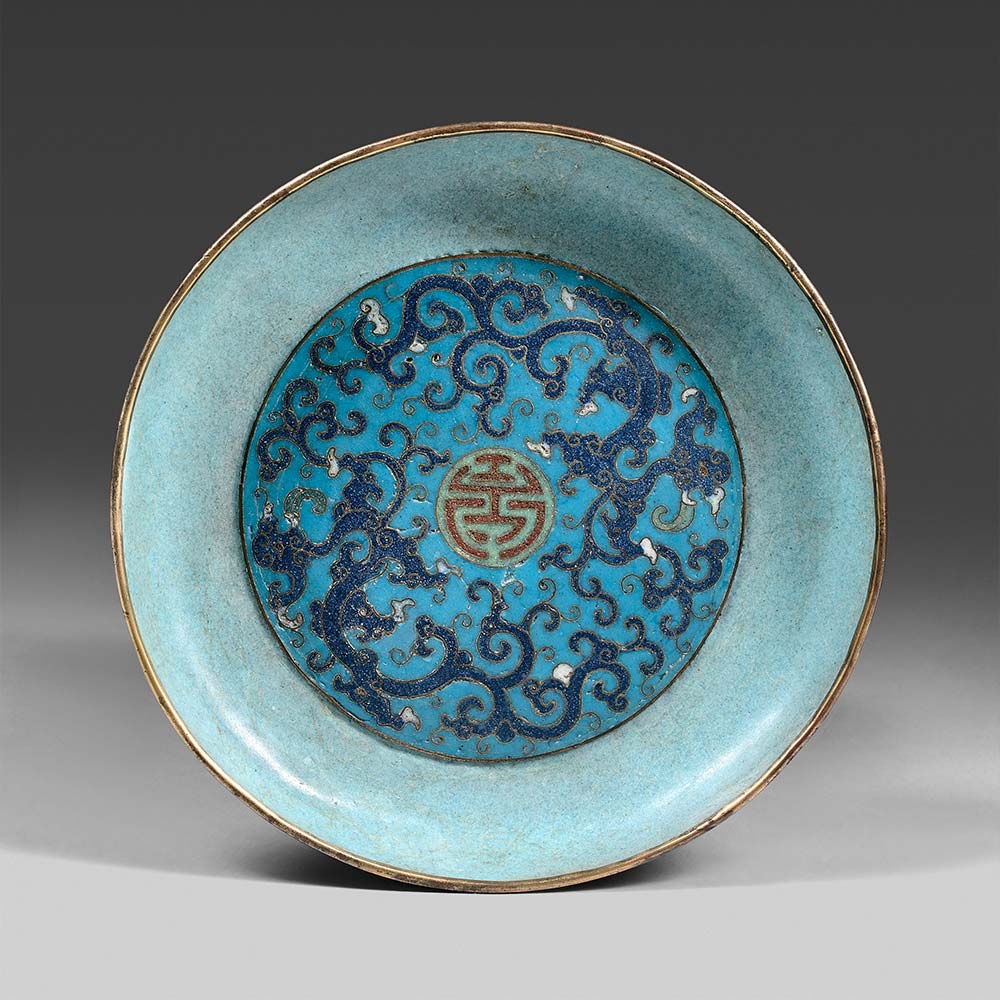 A small cloisonné enamels dish with chilong and Shou character - 1