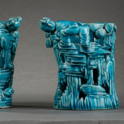 A pair of biscuit turquoise-glazed bitong brushpots - 1