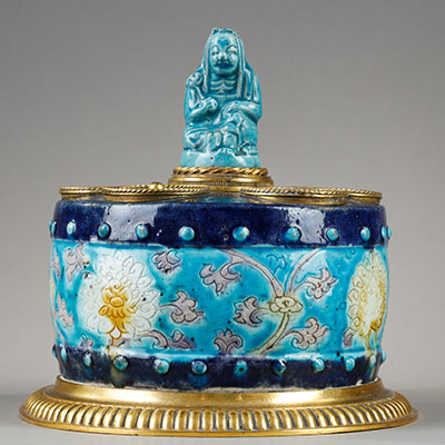 Fahua porcelain drum Inkstand Scholar object, French gilt bronze ormolu mounts - 1